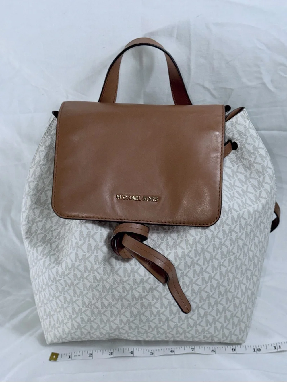 Michael Kors Junie Medium Vanilla MK Logo Drawstring Backpack Acorn Leather